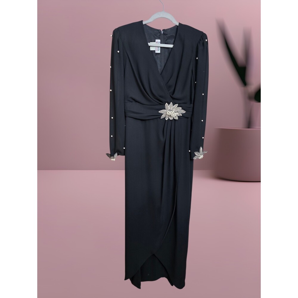 Vtg 90 ELIETTE Long Wrap Chiffon Evening Applique Flower Embellished Pearl Dress